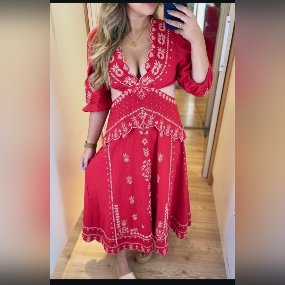 FARM Rio Brazil Red Embroided Dress Puff Sleeves Size L - Picture 12 of 13